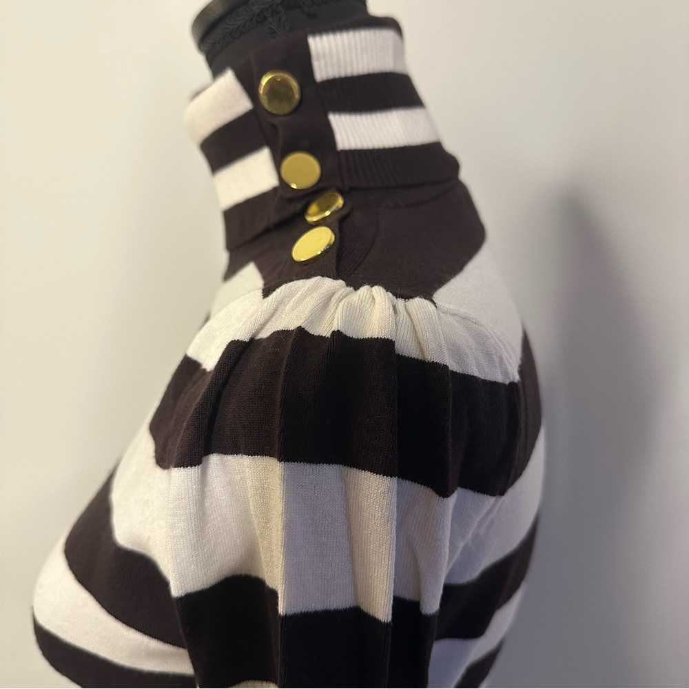 Cache Chocolate Brown & Ivory Striped Turtleneck Sweater Gold Buttons Size M - Picture 6 of 15